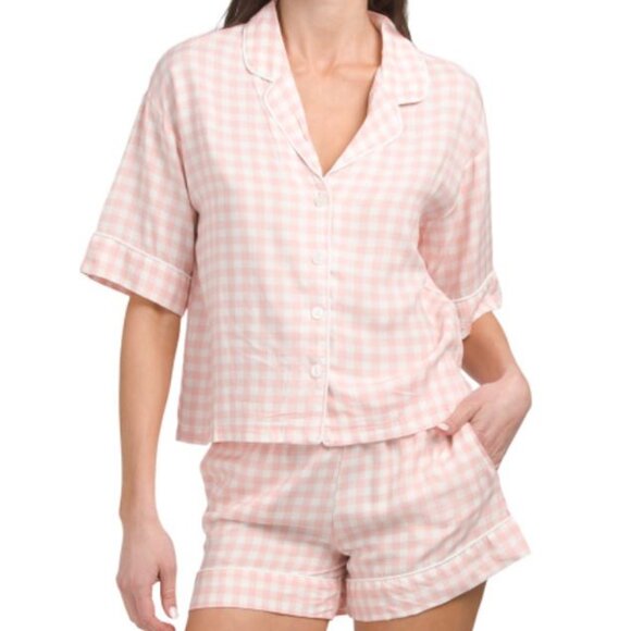 NWT TART Micro Pink Gingham 2pc Kine Top and Shorts Pajama Set with side Pockets - Picture 3 of 10